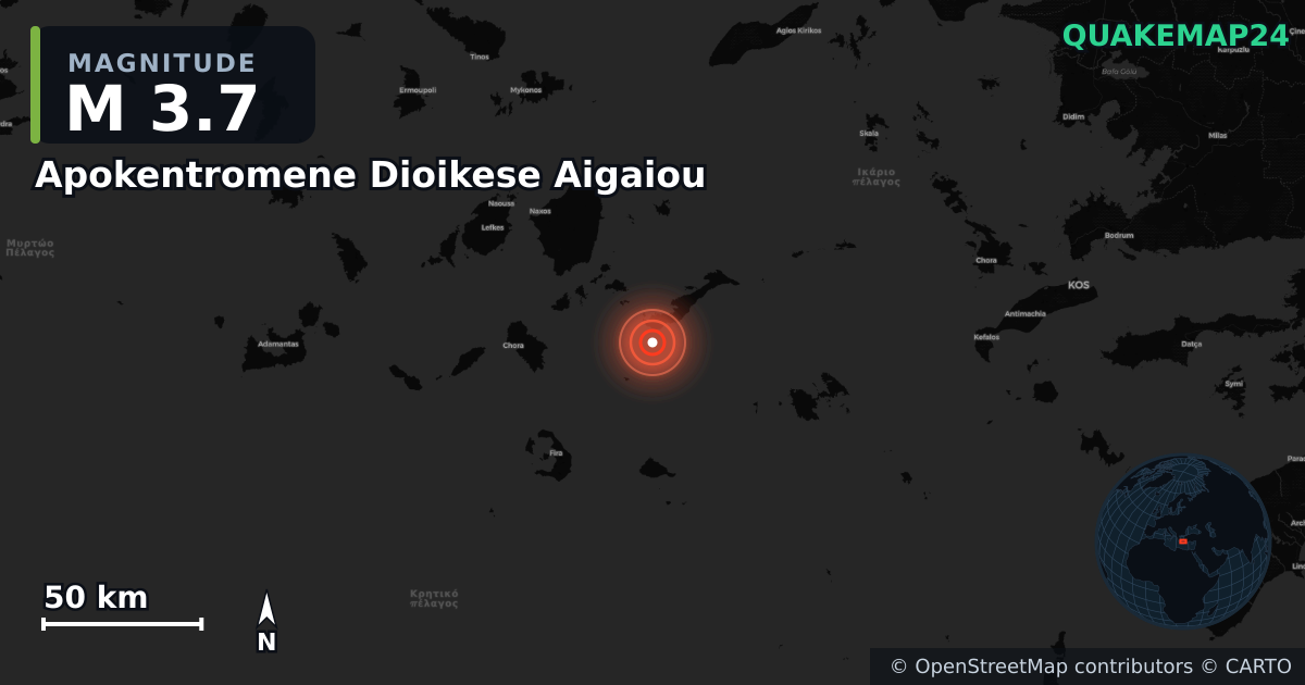 M3.7 earthquake near Apokentromene Dioikese Aigaiou on Dec 20, 2025 — map of epicenter and shaking intensity | QuakeMap24