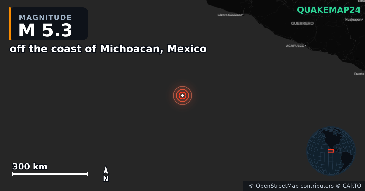 Erdbeben M5,3 bei off the coast of Michoacan, Mexico — Karte der Lage des Epizentrums