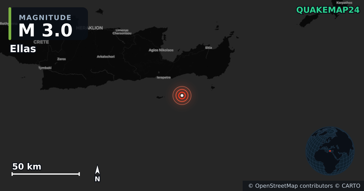 M3.0 earthquake near Ellas on Apr 24, 2026 — map of epicenter and shaking intensity | QuakeMap24