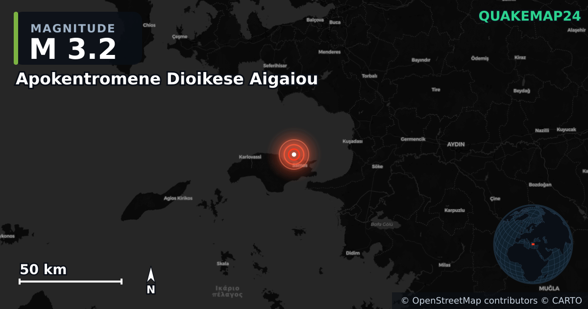 M3.2 earthquake near Apokentromene Dioikese Aigaiou on Oct 24, 2025 — map of epicenter and shaking intensity | QuakeMap24