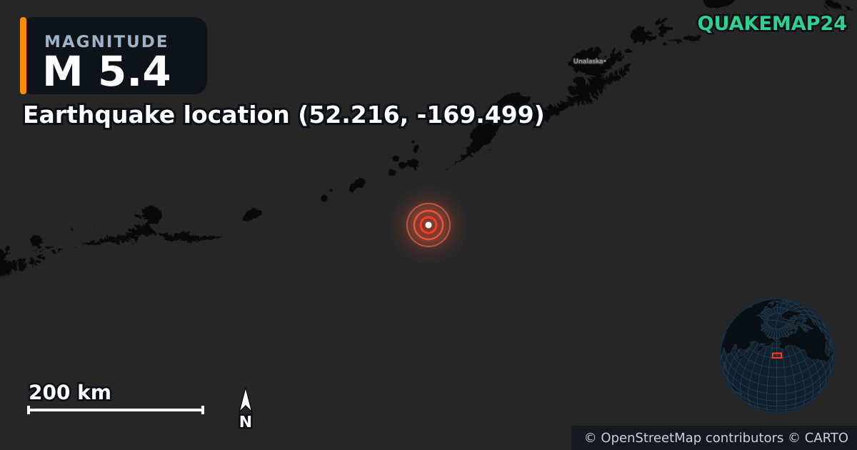 M5.4 earthquake near Local do sismo (52.216, -169.499) on Sep 4, 2025 — map of epicenter and shaking intensity | QuakeMap24