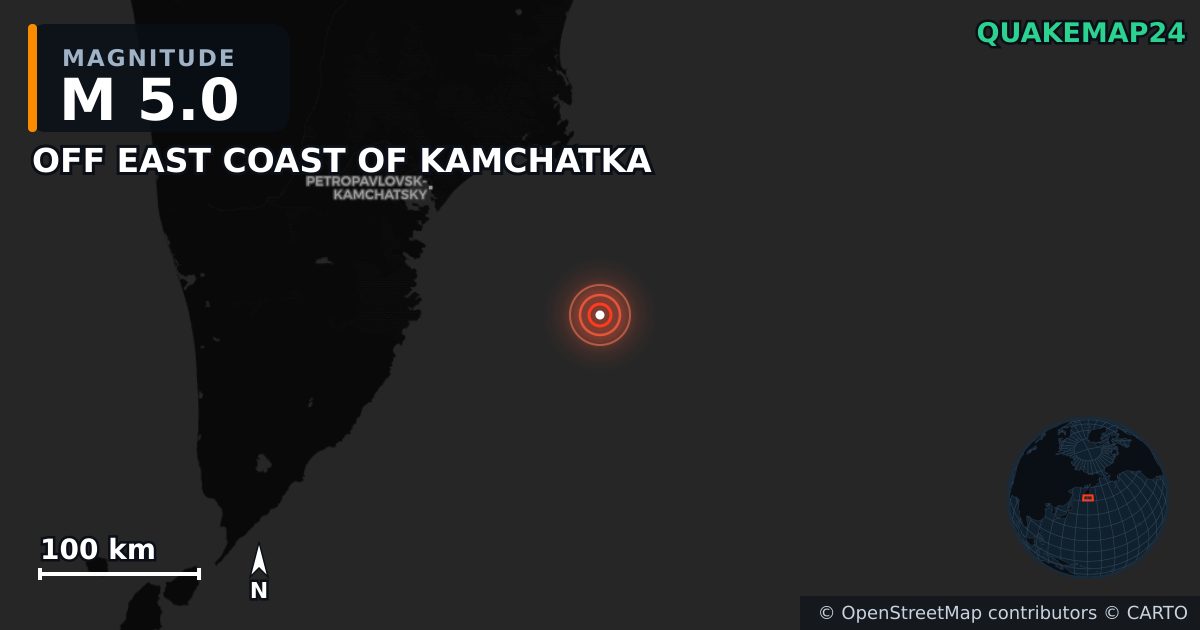 M5.0 earthquake near OFF EAST COAST OF KAMCHATKA on Jul 30, 2025 — map of epicenter and shaking intensity | QuakeMap24