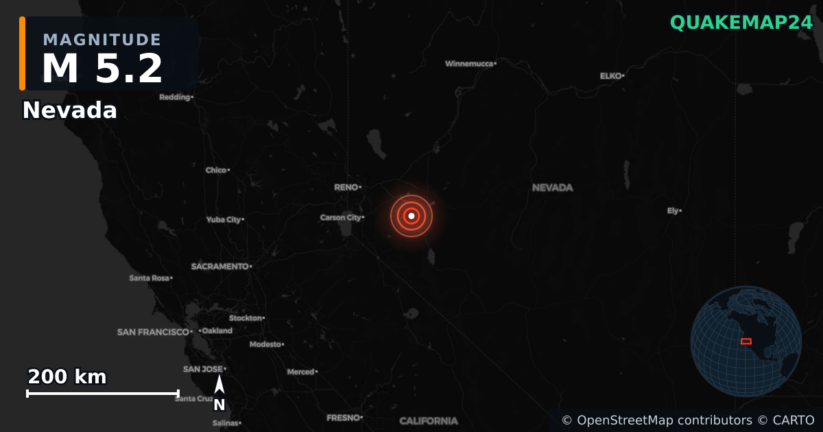 Erdbeben M5,2 bei Nevada — Karte der Lage des Epizentrums