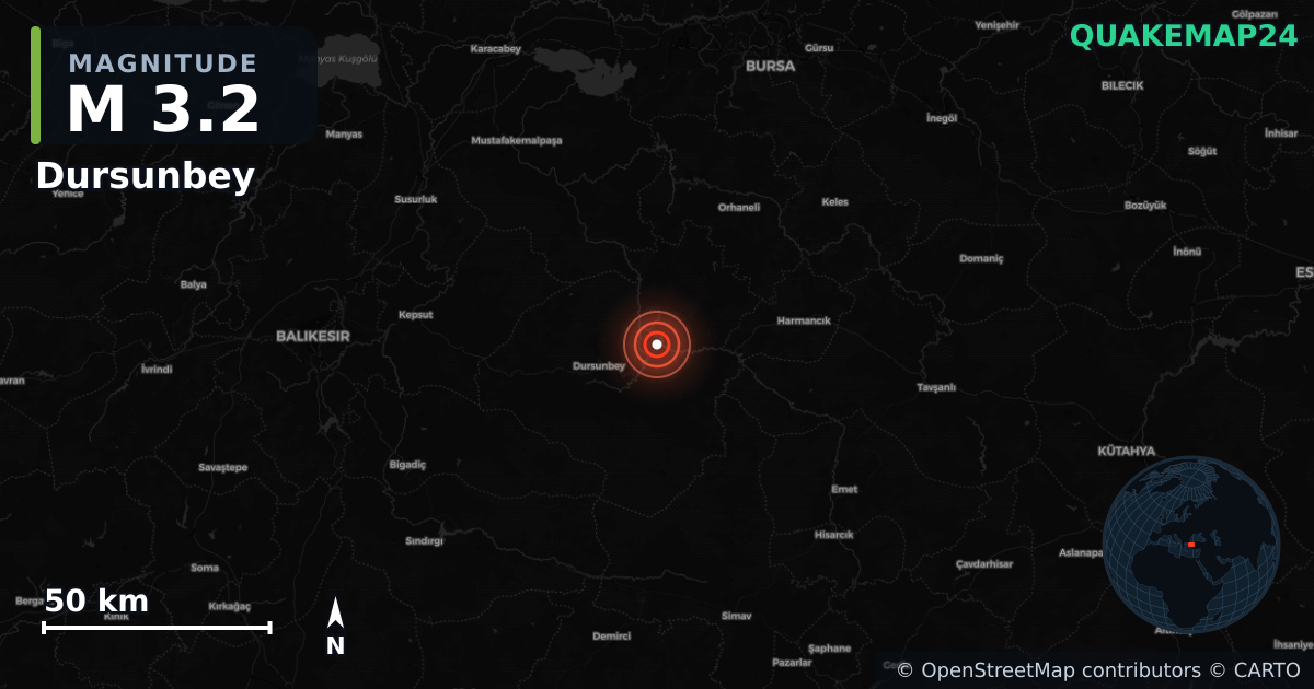 M3.2 earthquake near Dursunbey on Oct 4, 2025 — map of epicenter and shaking intensity | QuakeMap24