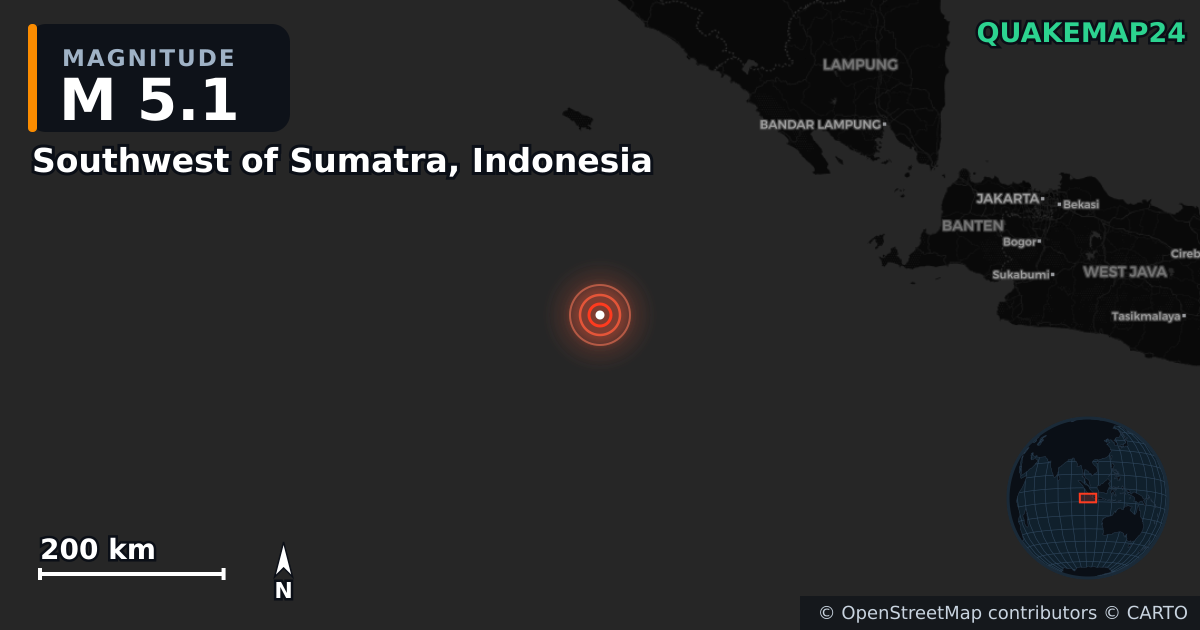 Southwest of Sumatra, Indonesia yakınında M5,1 deprem — Deprem merkez üssünün konumunu gösteren harita