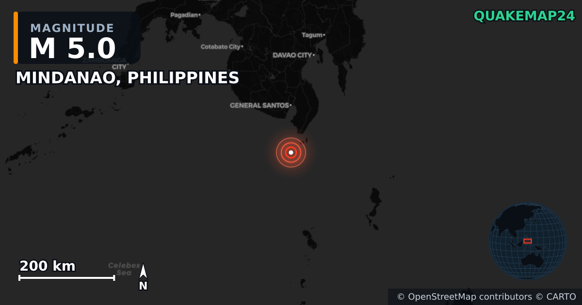 M5.0 earthquake near MINDANAO, PHILIPPINES on Jun 8, 2026 — map of epicenter and shaking intensity | QuakeMap24