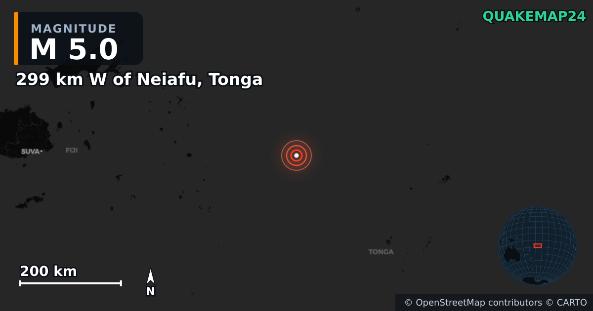 Sismo de M5,0 perto de 299 km W of Neiafu, Tonga — Mapa da localização do epicentro