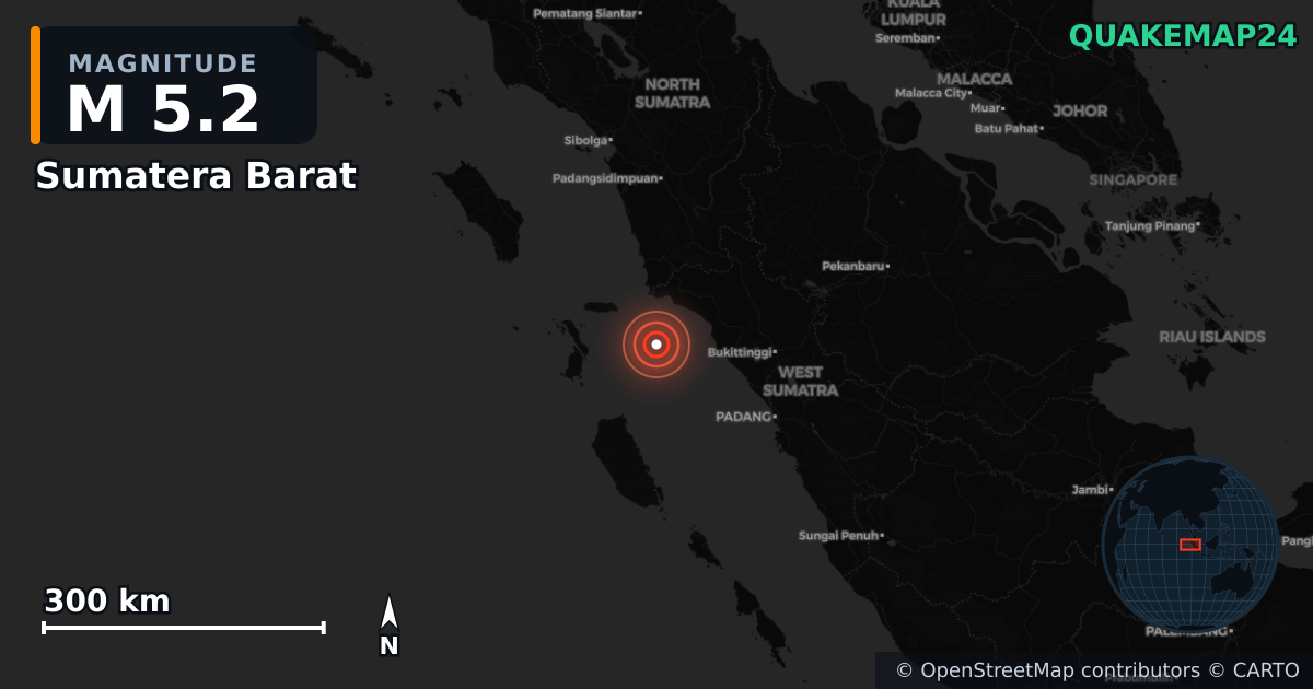 M5.2 earthquake near Sumatera Barat on Jul 17, 2025 — map of epicenter and shaking intensity | QuakeMap24