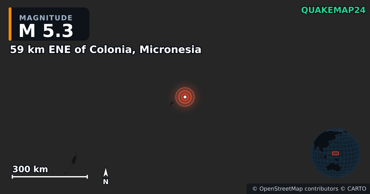 M5.3 earthquake near 59 km ENE of Colonia, Micronesia on Aug 17, 2026 — map of epicenter and shaking intensity | QuakeMap24