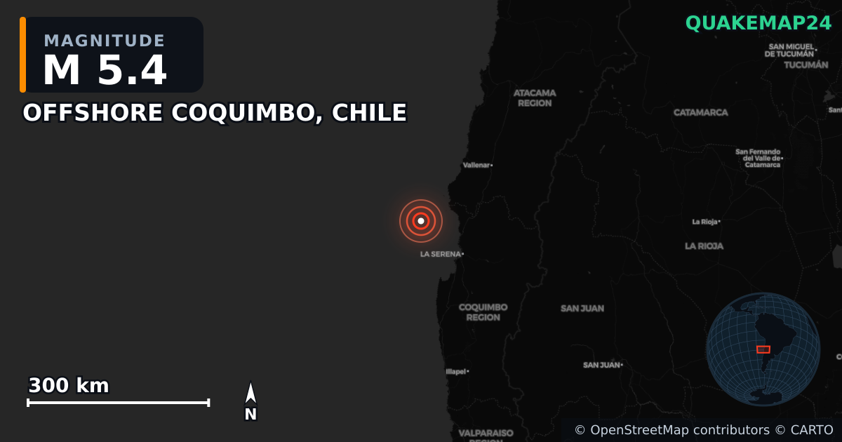 M5.4 earthquake near OFFSHORE COQUIMBO, CHILE on May 5, 2025 — map of epicenter and shaking intensity | QuakeMap24
