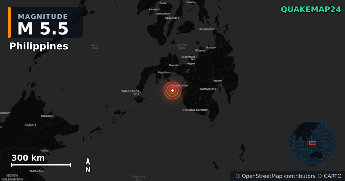 M5.5 earthquake near Philippines on Jan 28, 2026 — map of epicenter and shaking intensity | QuakeMap24