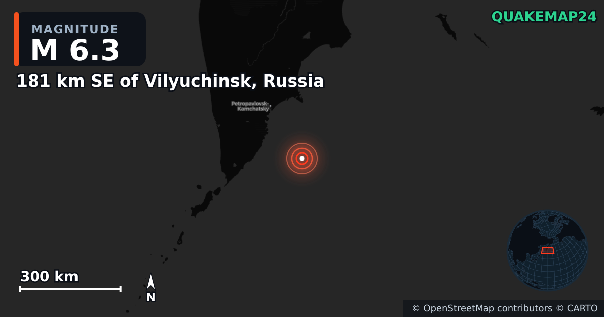 M6.3 earthquake near 181 km SE of Vilyuchinsk, Russia on Oct 3, 2025 — map of epicenter and shaking intensity | QuakeMap24