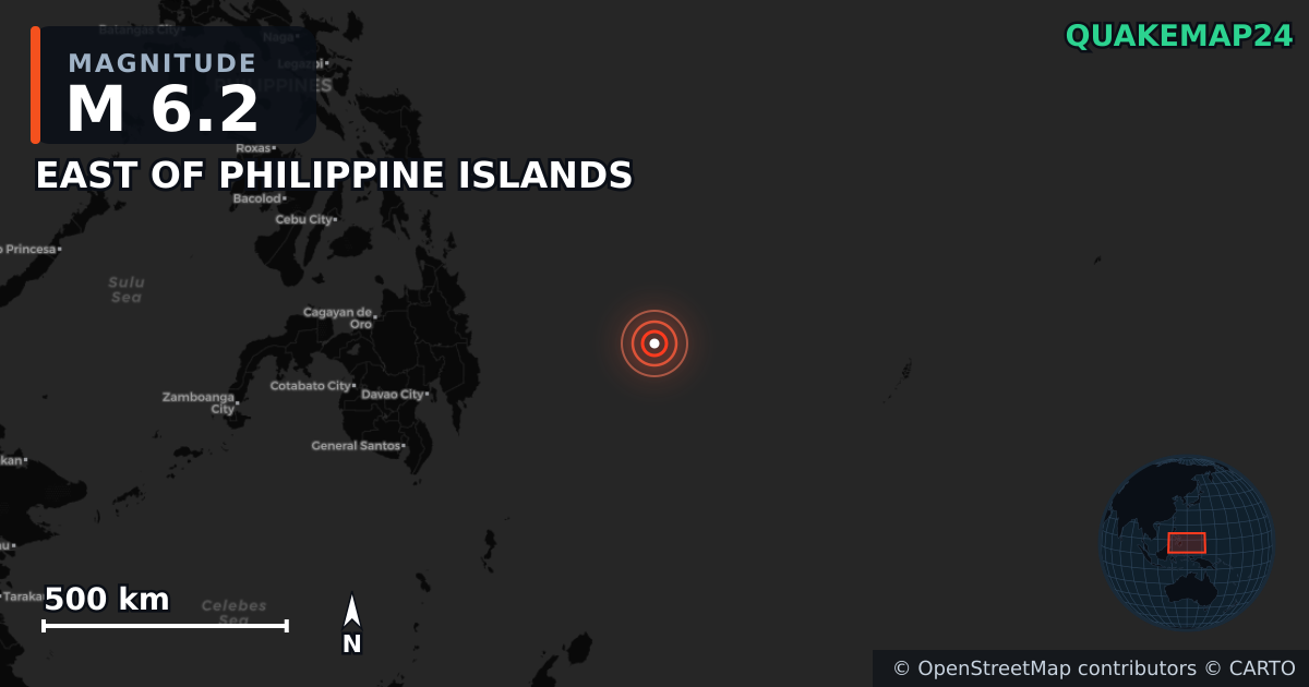 M6.2 earthquake near EAST OF PHILIPPINE ISLANDS on Jun 24, 2025 — map of epicenter and shaking intensity | QuakeMap24