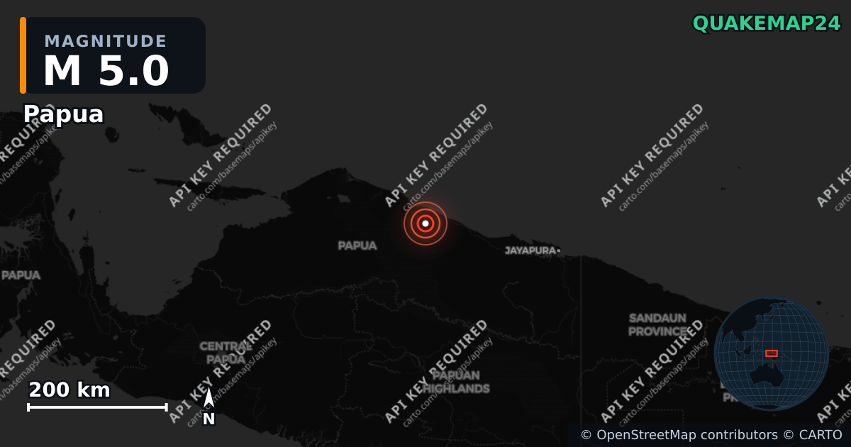 M5.0 earthquake near Papua on Aug 12, 2025 — map of epicenter and shaking intensity | QuakeMap24