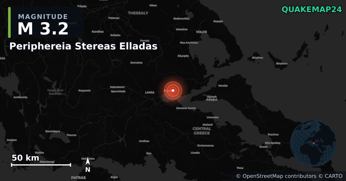 M3.2 earthquake near Periphereia Stereas Elladas on Dec 27, 2025 — map of epicenter and shaking intensity | QuakeMap24