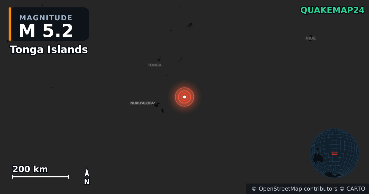 M5.2 earthquake near Tonga Islands on Apr 29, 2025 — map of epicenter and shaking intensity | QuakeMap24