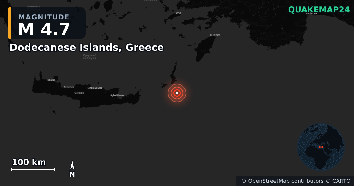 Dodecanese Islands, Greece yakınında M4,7 deprem · 2026-06-24 — Deprem merkez üssünün konumunu gösteren harita