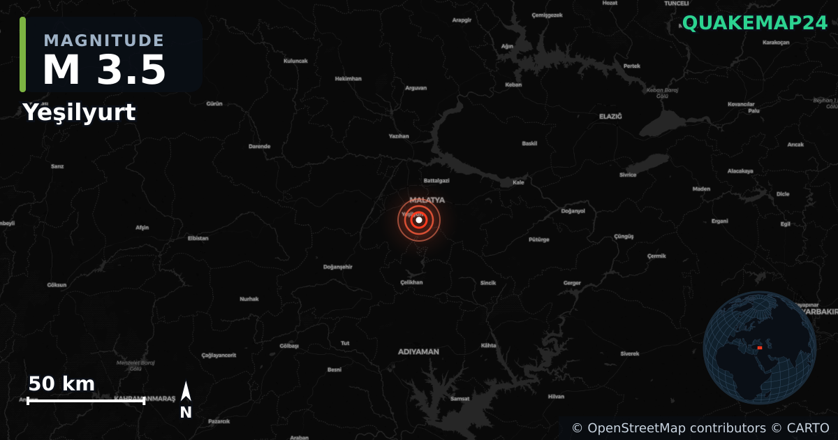 M3.5 earthquake near Yeşilyurt on Jan 12, 2026 — map of epicenter and shaking intensity | QuakeMap24