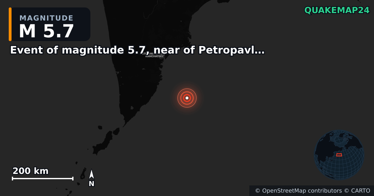 Event of magnitude 5.7, near of Petropavlovsk Kamchatskiy (Monde) yakınında M5,7 deprem — Deprem merkez üssünün konumunu gösteren harita