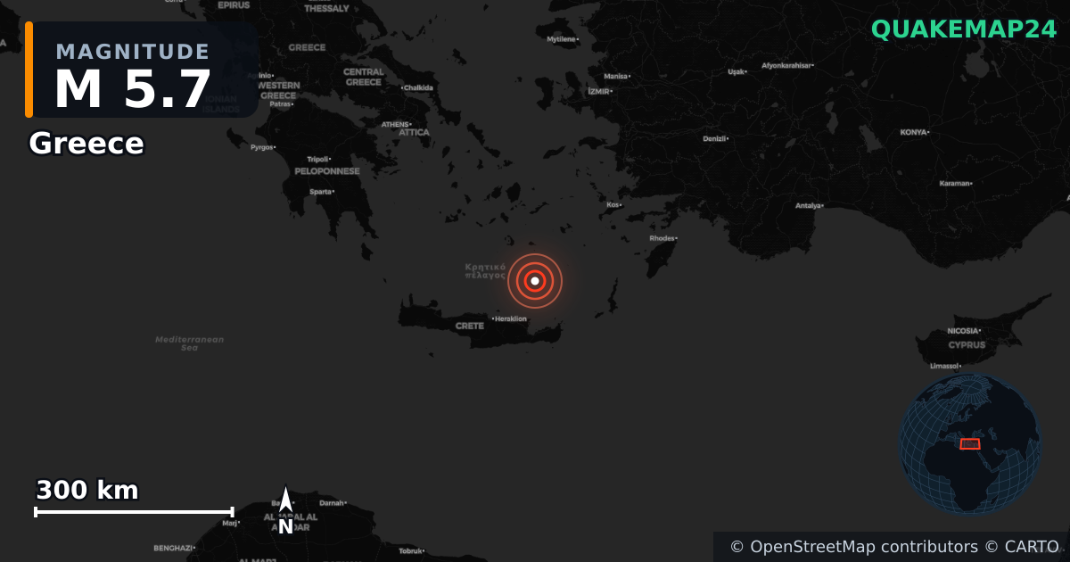 M5.7 earthquake near Greece on May 22, 2025 — map of epicenter and shaking intensity | QuakeMap24