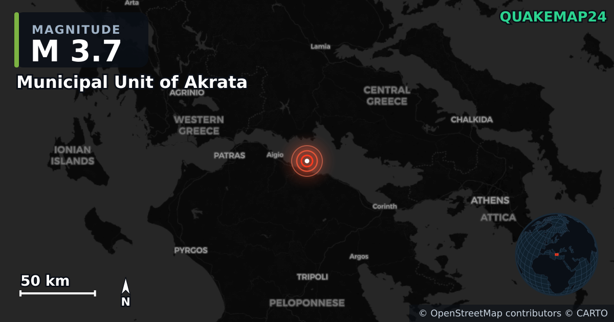 M3.7 earthquake near Municipal Unit of Akrata on Jun 15, 2026 — map of epicenter and shaking intensity | QuakeMap24