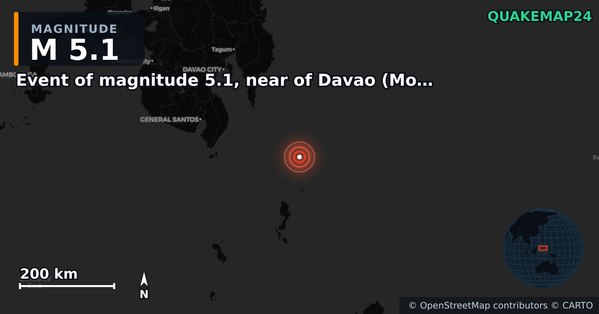 M5.1 Earthquake near Event of magnitude 5.1, near of Davao (Monde) · 2025-08-25 — Map showing the location of the epicenter