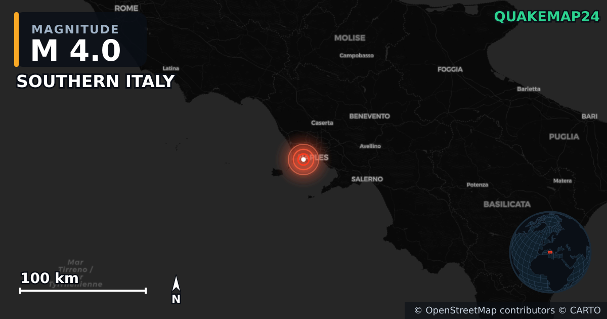 M4.0 earthquake near SOUTHERN ITALY on Jul 18, 2025 — map of epicenter and shaking intensity | QuakeMap24