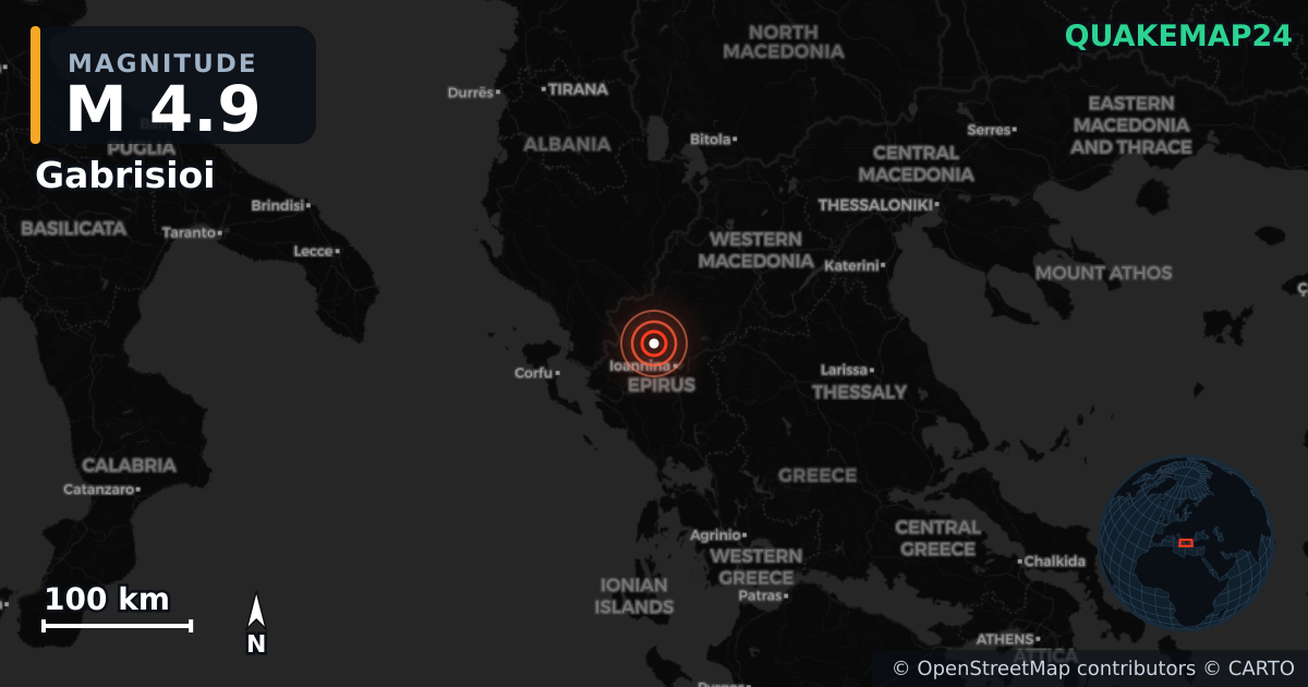 M4.9 earthquake near Gabrisioi on Jul 28, 2026 — map of epicenter and shaking intensity | QuakeMap24