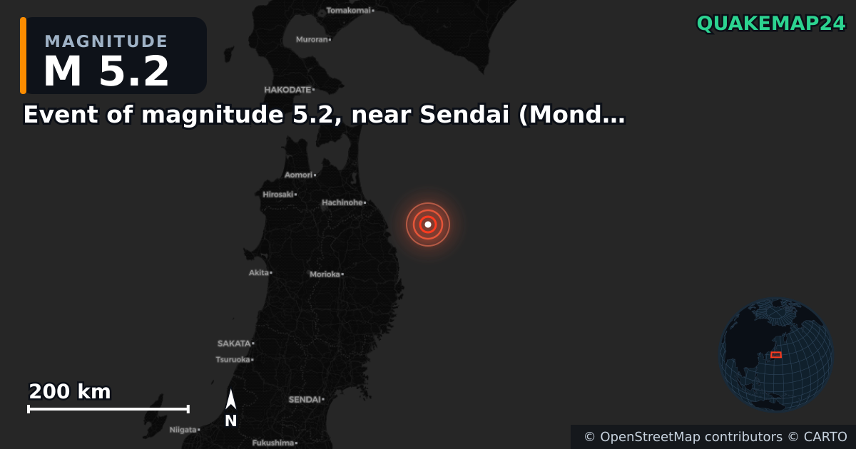 M5.2 earthquake near Event of magnitude 5.2, near Sendai (Monde) on Apr 26, 2026 — map of epicenter and shaking intensity | QuakeMap24