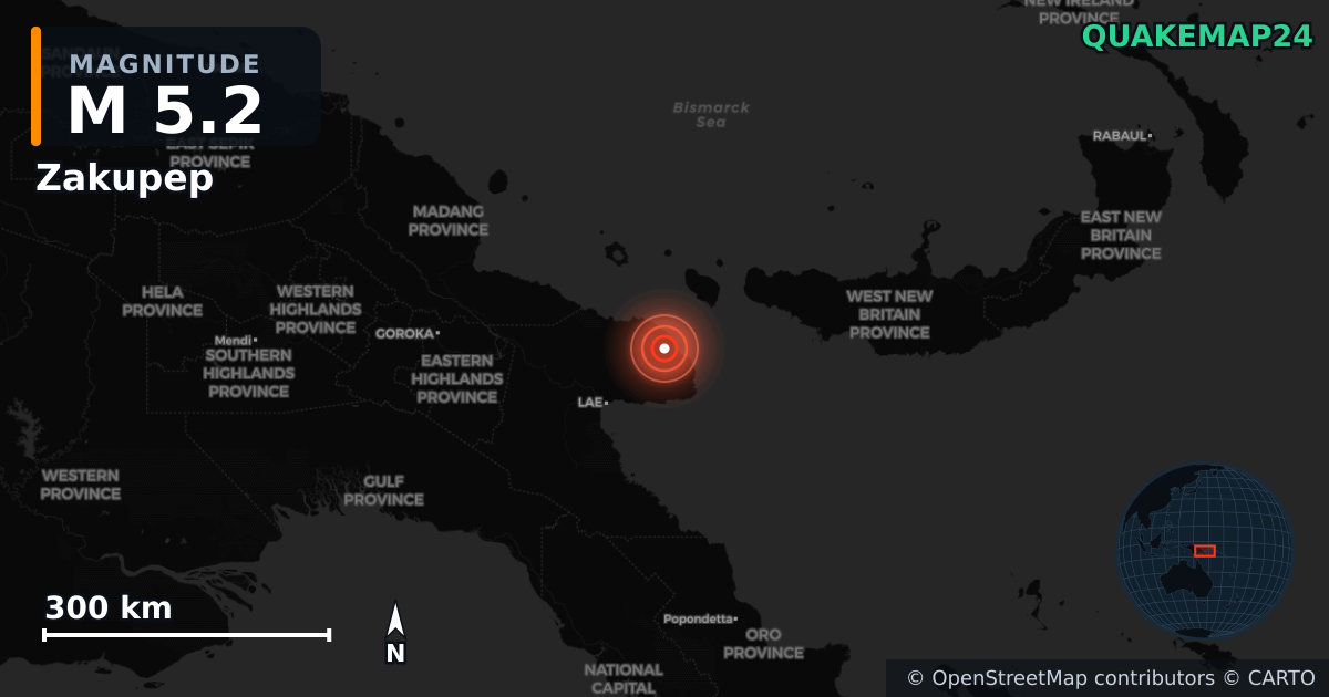 M5.2 earthquake near Zakupep on Feb 3, 2026 — map of epicenter and shaking intensity | QuakeMap24