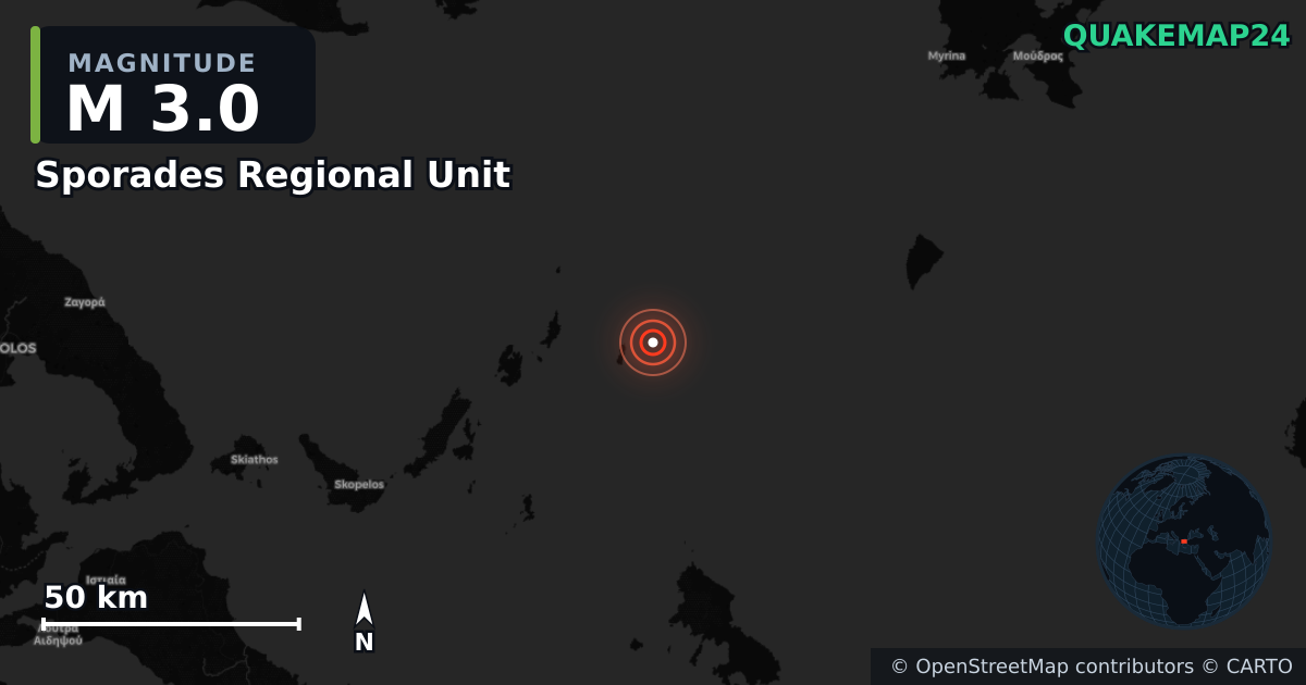 Sismo de M3,0 perto de Sporades Regional Unit, Thessaly (Grécia) · 2026-10-04 — Mapa da localização do epicentro