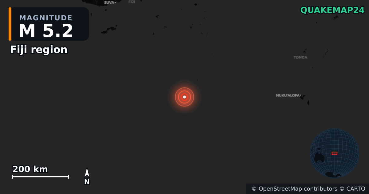 M5.2 earthquake near Fiji region on Jun 18, 2025 — map of epicenter and shaking intensity | QuakeMap24