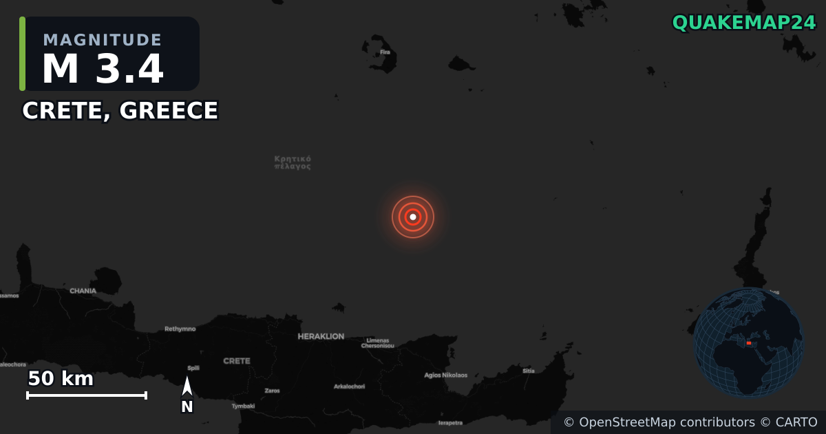 M3.4 earthquake near CRETE, GREECE on May 19, 2025 — map of epicenter and shaking intensity | QuakeMap24