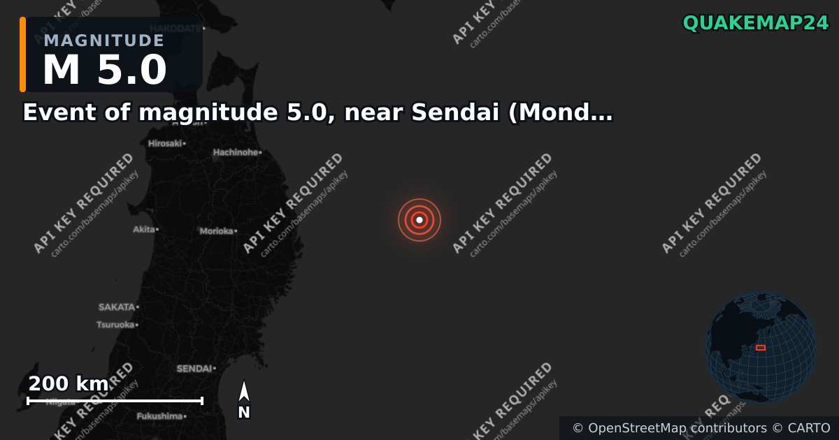 M5.0 earthquake near Event of magnitude 5.0, near Sendai (Monde) on May 11, 2026 — map of epicenter and shaking intensity | QuakeMap24