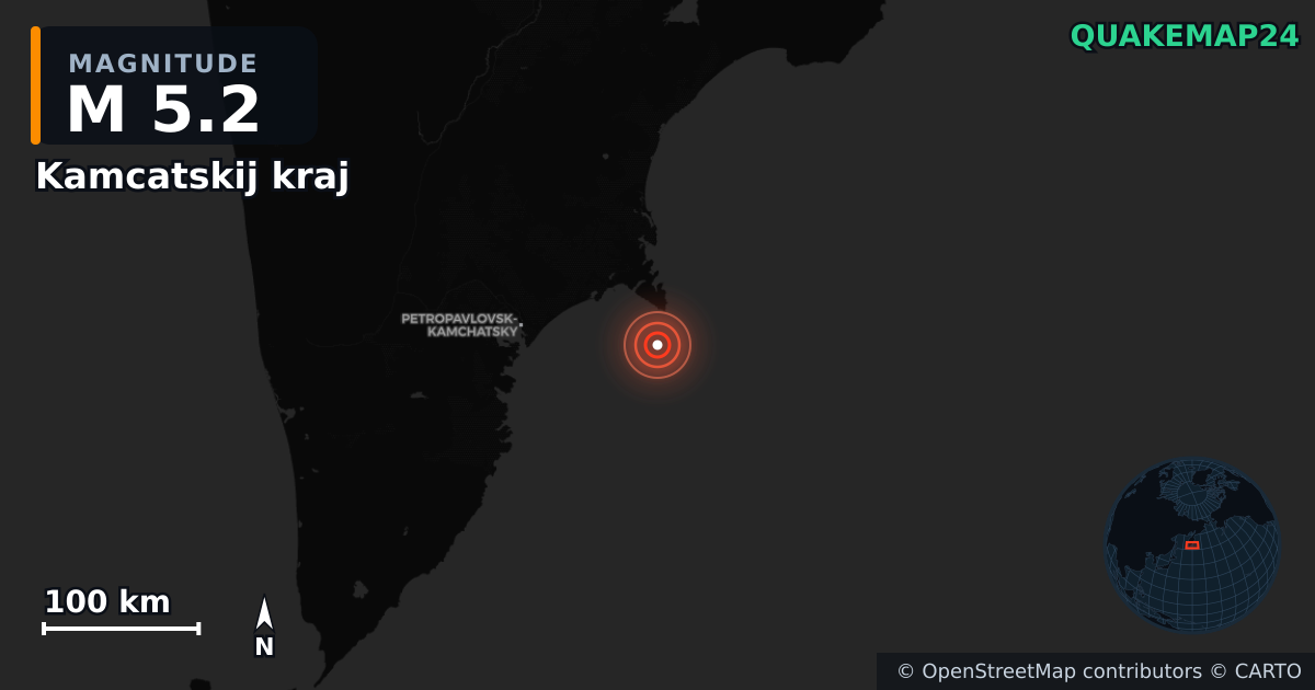 M5.2 earthquake near Kamcatskij kraj on Aug 8, 2025 — map of epicenter and shaking intensity | QuakeMap24