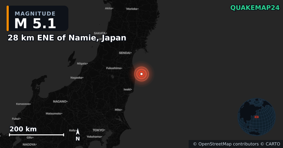 M5.1 earthquake near 28 km ENE of Namie, Japan on Oct 7, 2025 — map of epicenter and shaking intensity | QuakeMap24