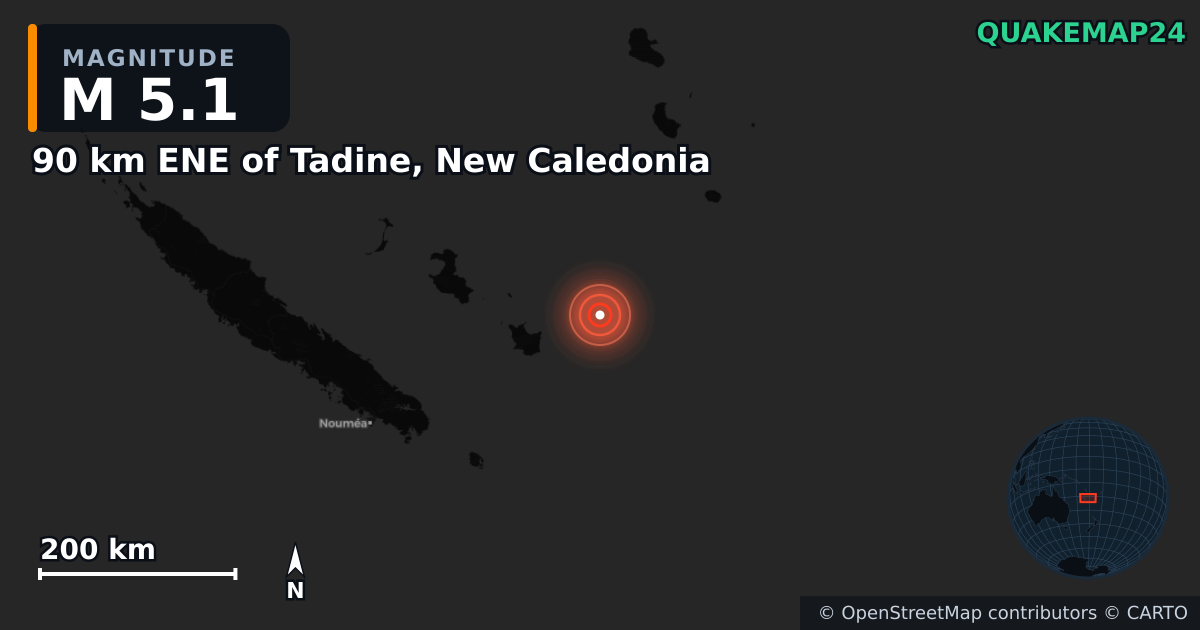 M5.1 Earthquake near 90 km ENE of Tadine, New Caledonia · 2026-09-27 — Map showing the location of the epicenter