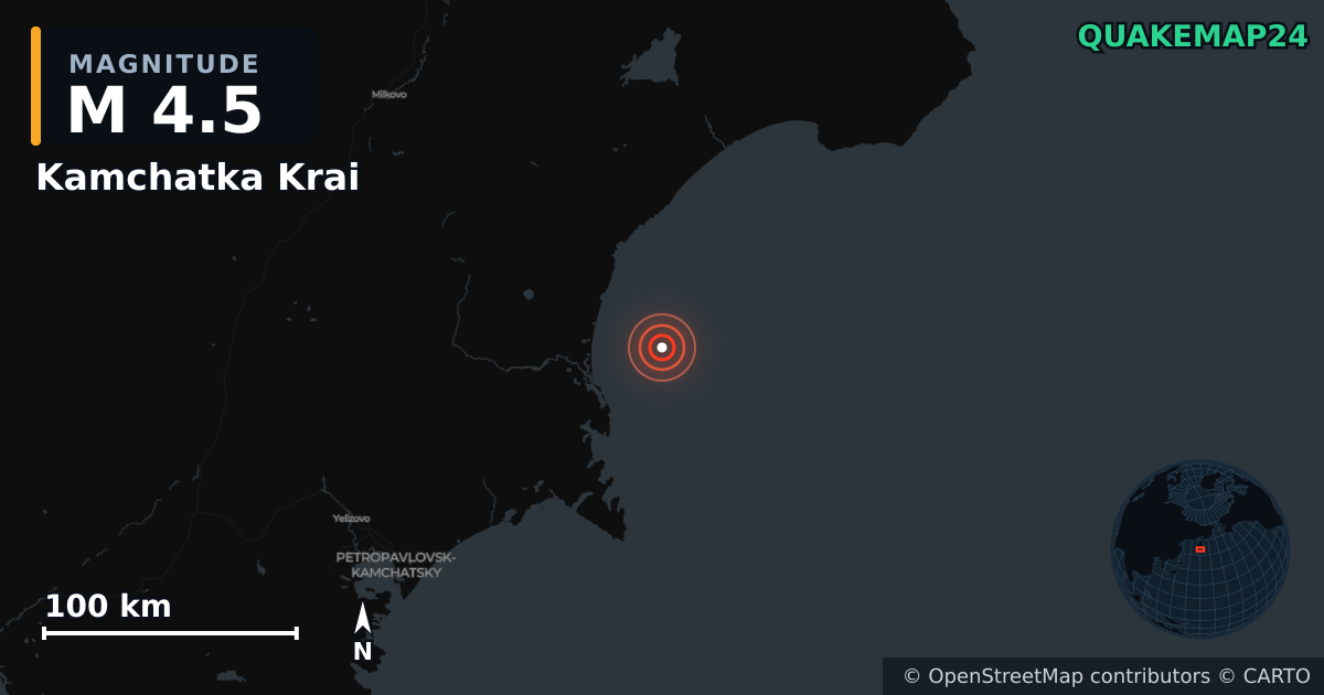 Sismo de M4,5 perto de Kamchatka Krai (Rússia) · 2026-10-22 — Mapa da localização do epicentro