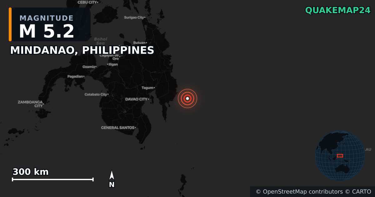 M5.2 earthquake near MINDANAO, PHILIPPINES on Oct 10, 2025 — map of epicenter and shaking intensity | QuakeMap24