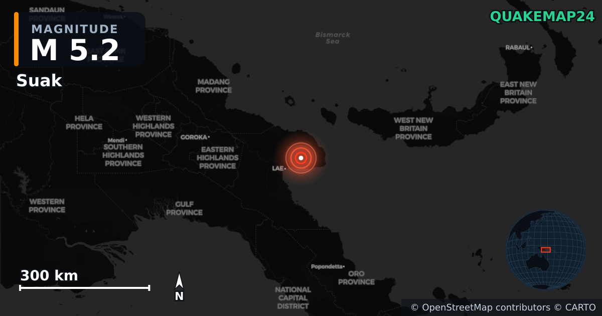 M5.2 earthquake near Suak on May 22, 2026 — map of epicenter and shaking intensity | QuakeMap24
