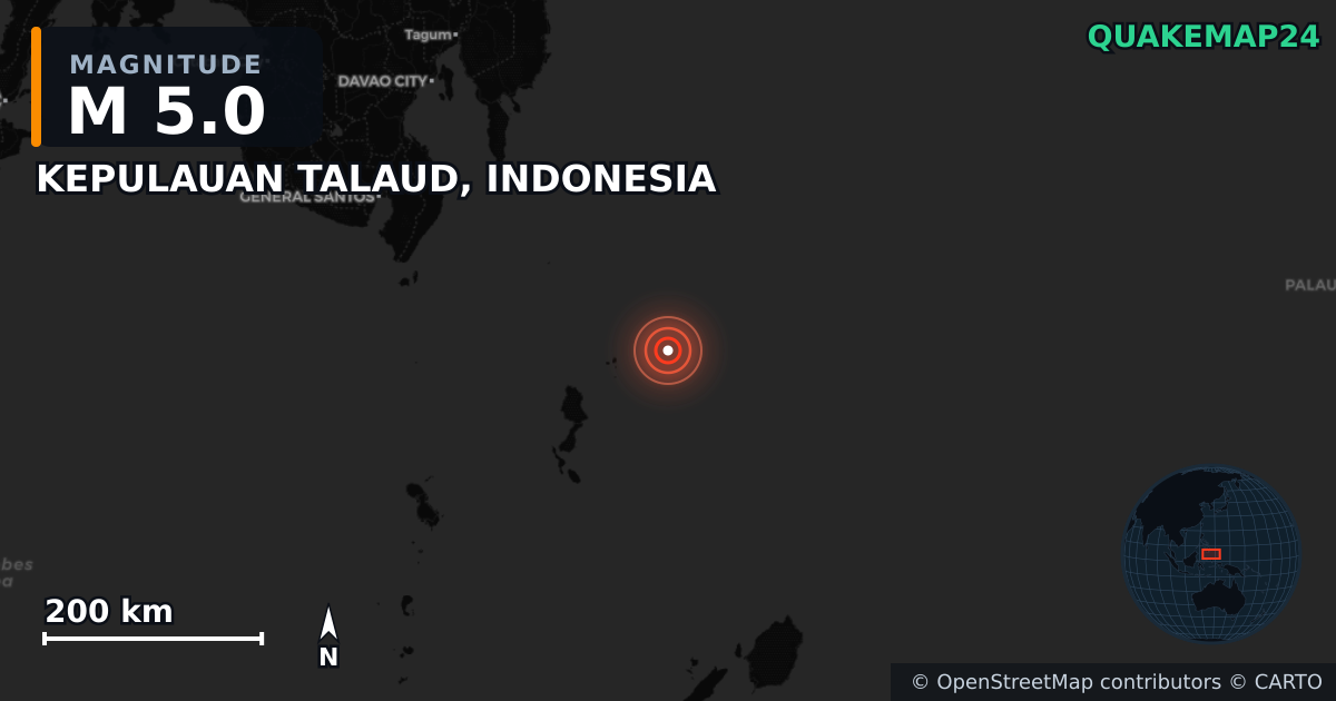 M5.0 earthquake near KEPULAUAN TALAUD, INDONESIA on May 12, 2026 — map of epicenter and shaking intensity | QuakeMap24