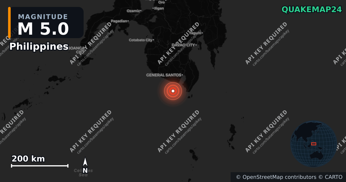 M5.0 earthquake near Philippines on Jun 12, 2026 — map of epicenter and shaking intensity | QuakeMap24