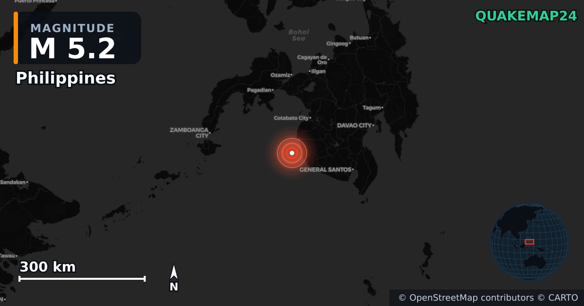 M5.2 earthquake near Philippines on Jan 28, 2026 — map of epicenter and shaking intensity | QuakeMap24