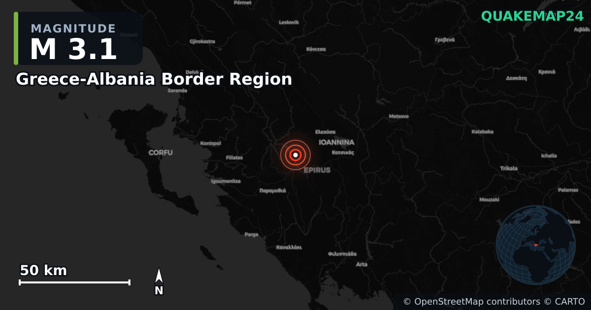 M3.1 earthquake near Greece-Albania Border Region on Apr 5, 2026 — map of epicenter and shaking intensity | QuakeMap24
