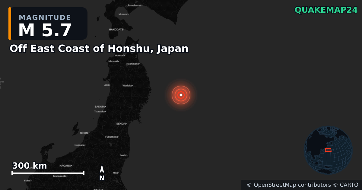 M5.7 earthquake near Off East Coast of Honshu, Japan on Nov 9, 2025 — map of epicenter and shaking intensity | QuakeMap24