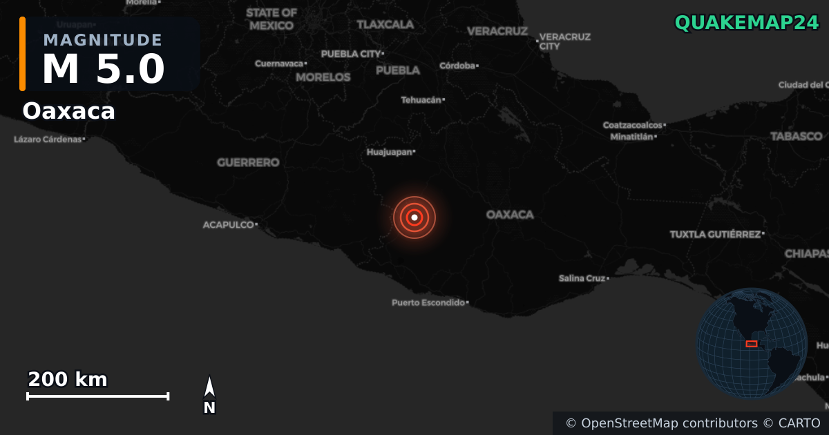 M5.0 earthquake near Oaxaca on Sep 8, 2025 — map of epicenter and shaking intensity | QuakeMap24