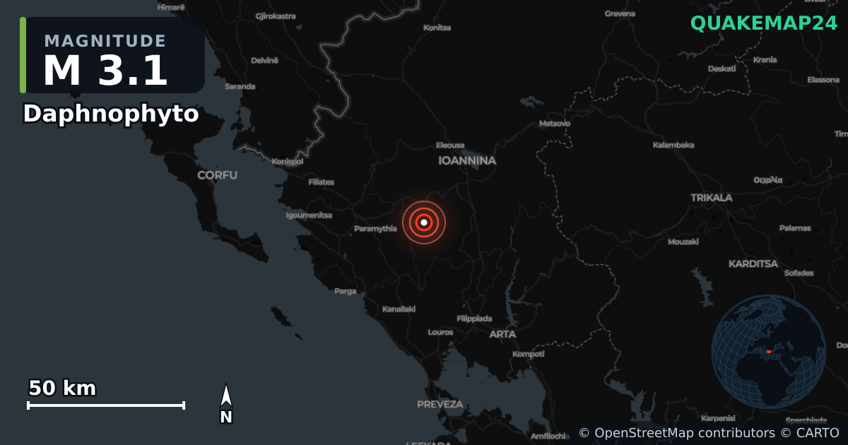 Σεισμός M3,1 κοντά στο Δαφνόφυτο, Περιφέρεια Ηπείρου (Ελλάδα) · 2026-04-09 — Χάρτης της θέσης του επικέντρου