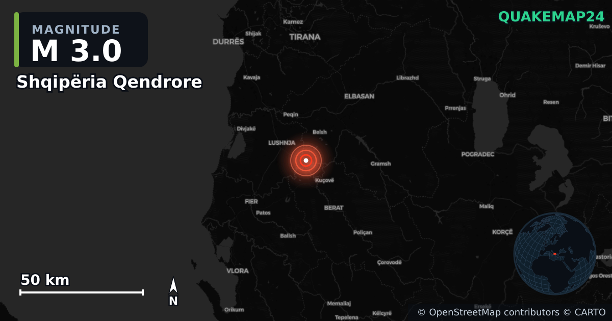 M3.0 earthquake near Shqipëria Qendrore on Jan 3, 2026 — map of epicenter and shaking intensity | QuakeMap24