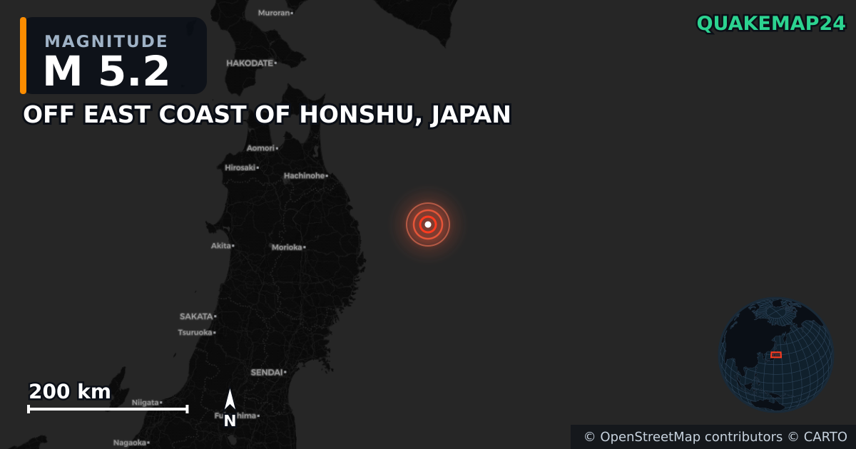 Sismo de M5,2 perto de OFF EAST COAST OF HONSHU, JAPAN — Mapa da localização do epicentro