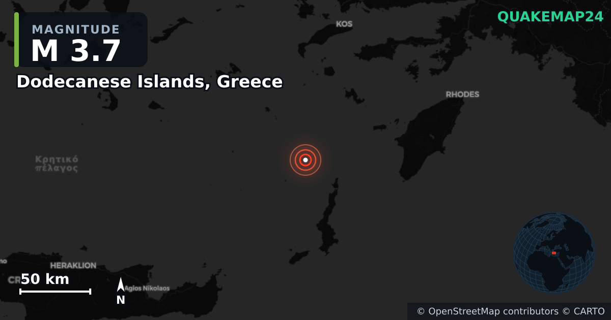 M3.7 earthquake near Dodecanese Islands, Greece on Aug 21, 2025 — map of epicenter and shaking intensity | QuakeMap24